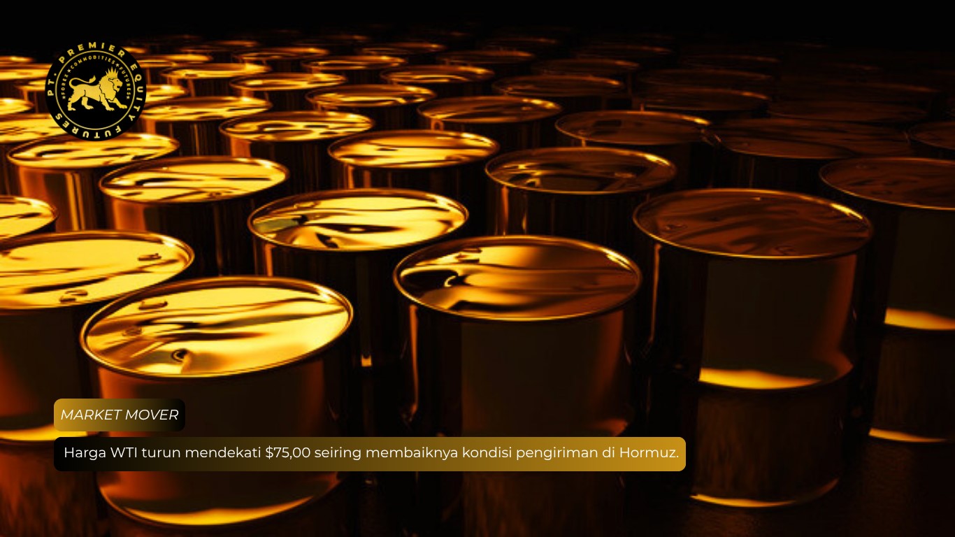 Harga WTI turun mendekati $75,00 seiring membaiknya kondisi pengiriman di Hormuz.
